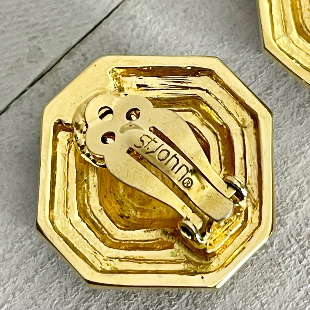 ST. JOHN Gold Tone Black Enamel Geometric Clip On Earrings